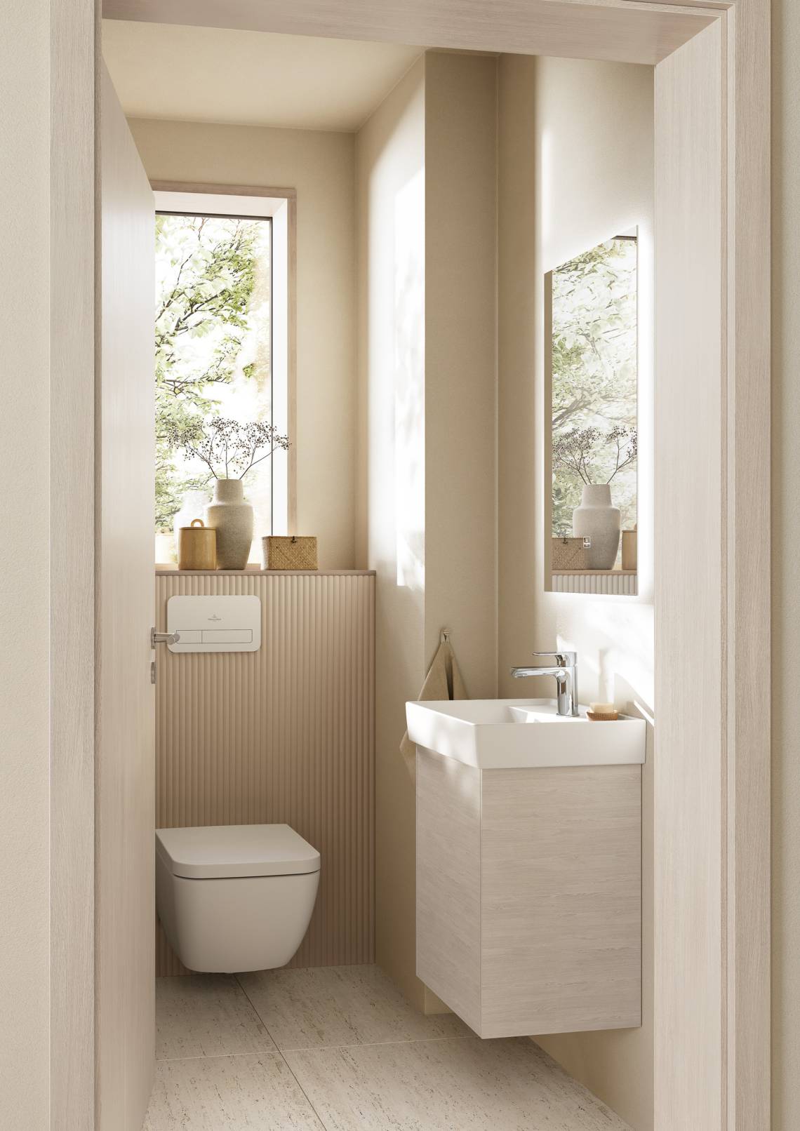 Villeroy & Boch - Harmonisches Gäste-WC in Beige und dem Waschbeckenunterschrank SUBWAY 3.0 in White Oak
