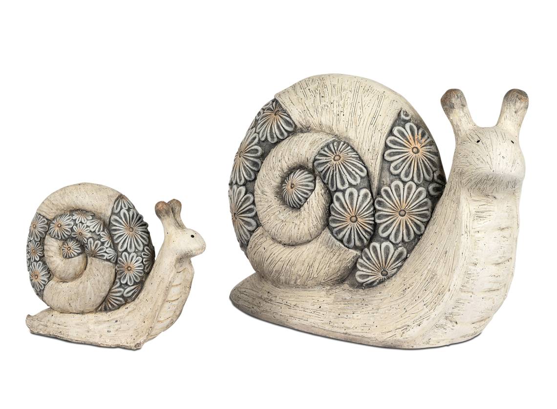 formano - Schnecken aus Kunststein mit Blumen-Relief