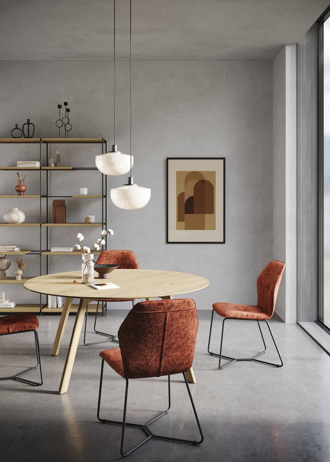 Runder Tisch kombiniert mit geometrischen Stühlen