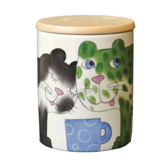 Schulz HOMEWEAR Bunte Katzen Vorratsdose mit Holzdeckel - Katze mit blauer Tasse